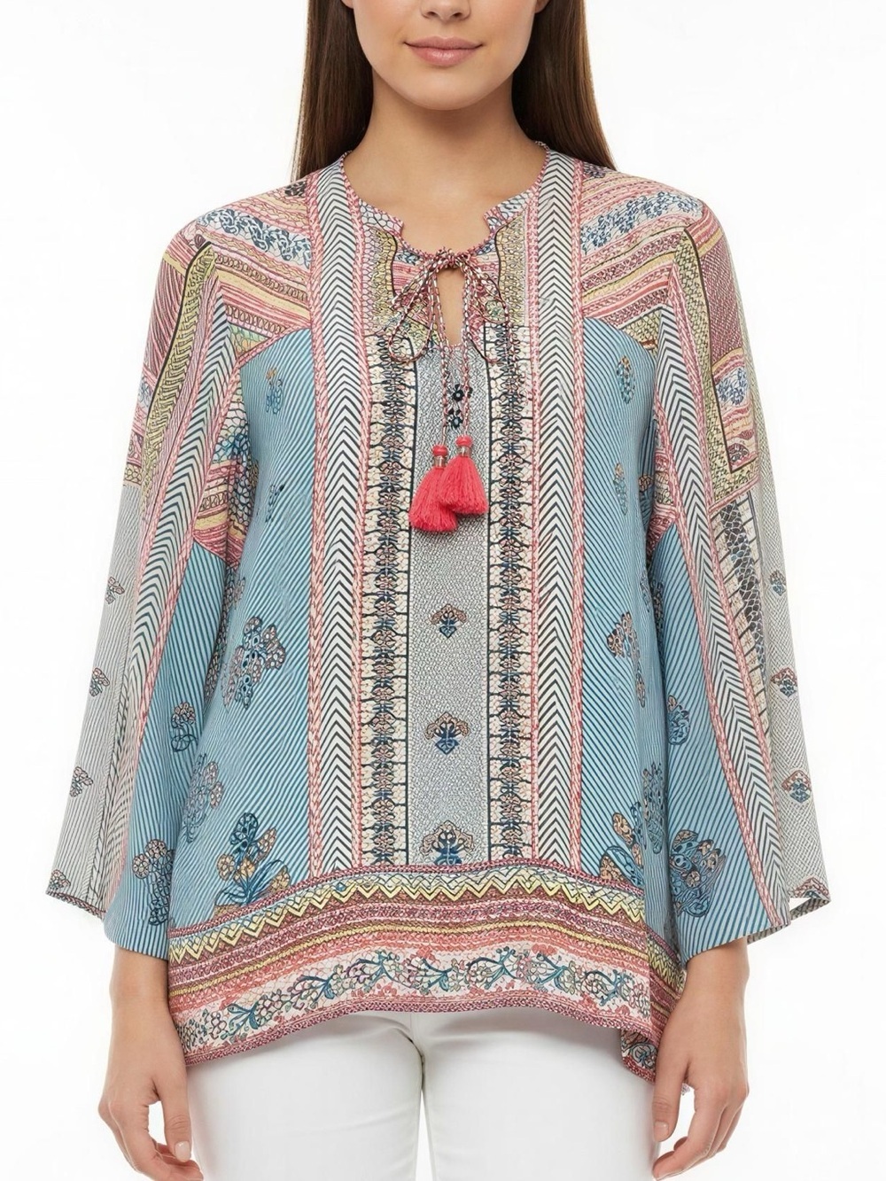 Tolani Silk Blue and Pink Floral Printed Peasant Tunic with Tassel Detail
